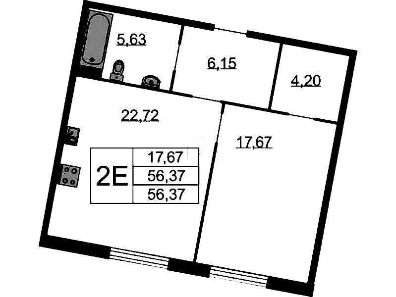 1-комнатная квартира 56.37 м², 2/9 эт., ЖК «Бакунина 33»
